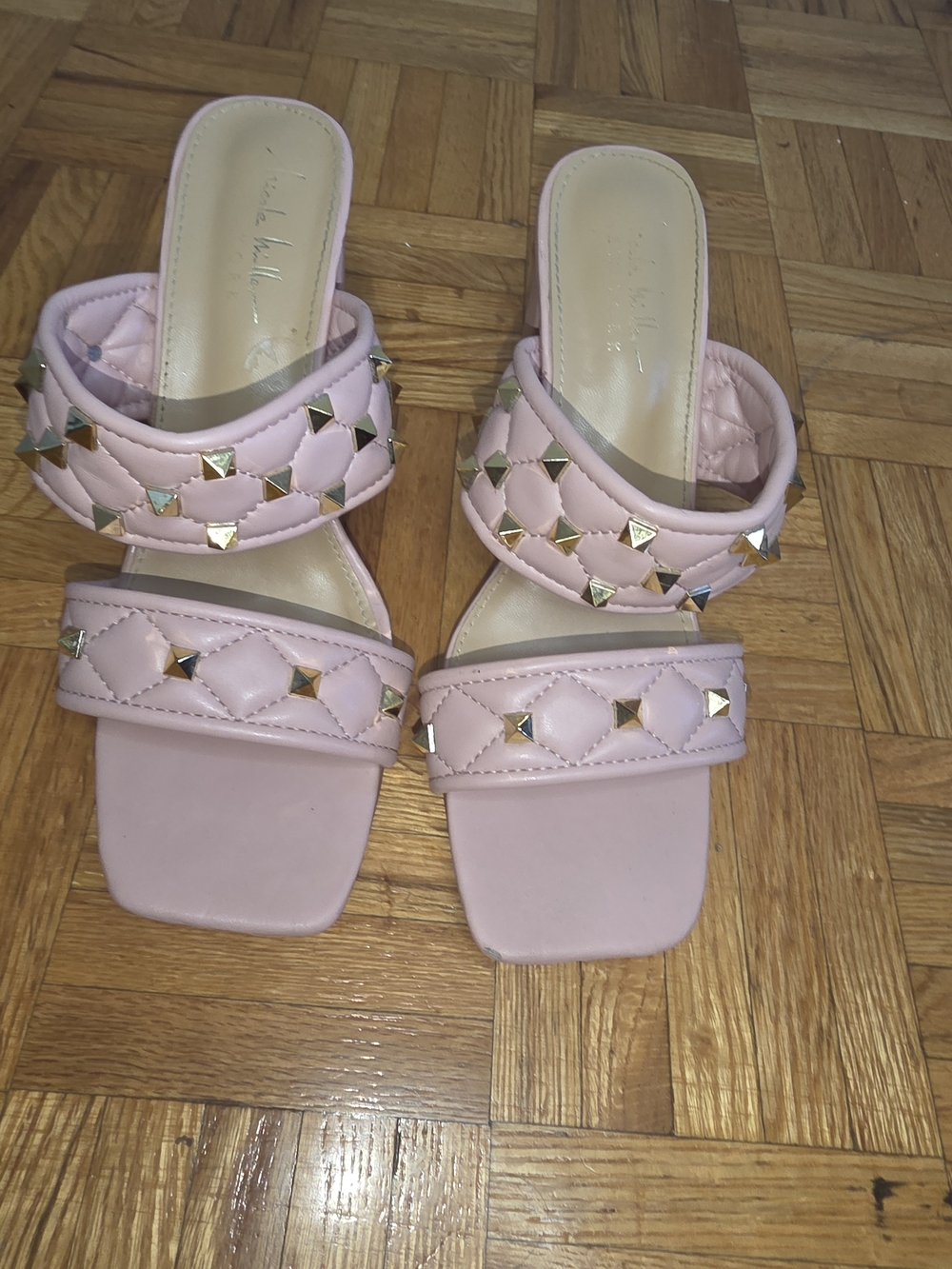 Nicole Miller Pink Studded Slide Quilted Double-Strap Mules - Light Pink